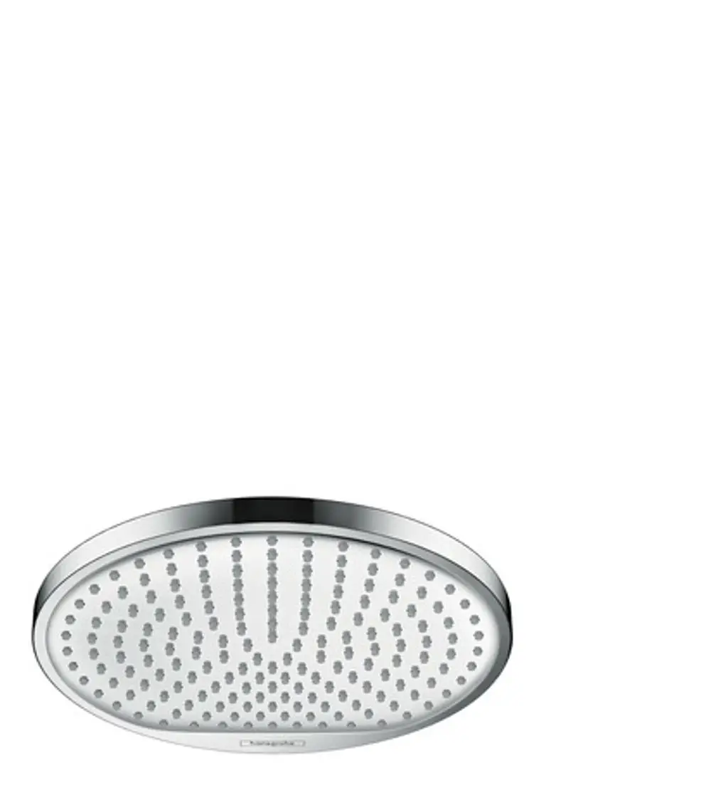 Hansgrohe Kopfbrause mit runder, glatter Oberfläche und gleichmäßig angeordneten Düsenauslässen für eine gezielte Wasserverteilung.
